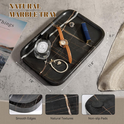 Koville Romano Travertine Tray, 12"x8" Natural Stone Vanity Tray for Countertop Bathroom Kitchen Dresser, Decorative Marble Catchall Trays for Perfume Jewelry, Rectangular Serving Tray(Beige)
