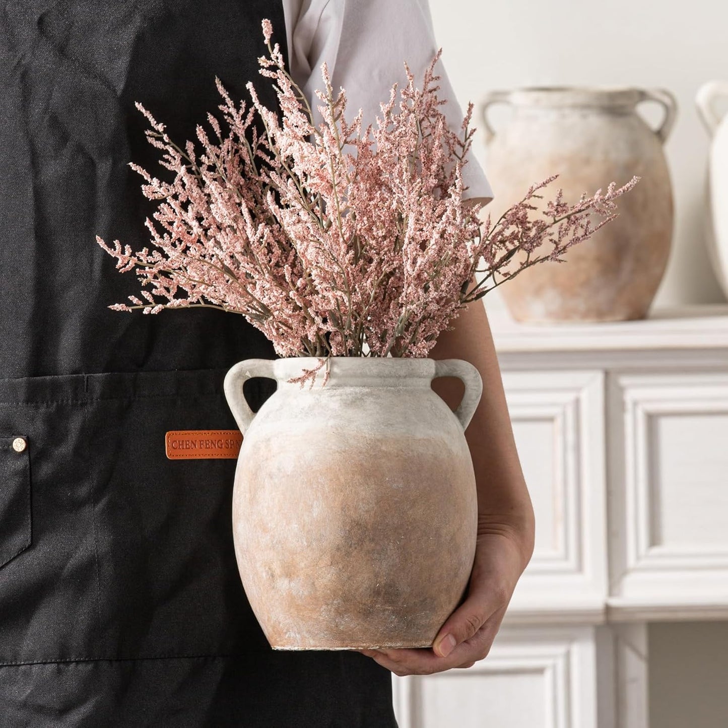 Dobbyby Ceramic Flower Vase 7.6 inch Farmhouse Rustic Vase Decorative Pottery Terracotta Vases for Home Decor Table Mantle Fireplace Living Room Bathroom Wedding Centerpiece (Whitewashed)