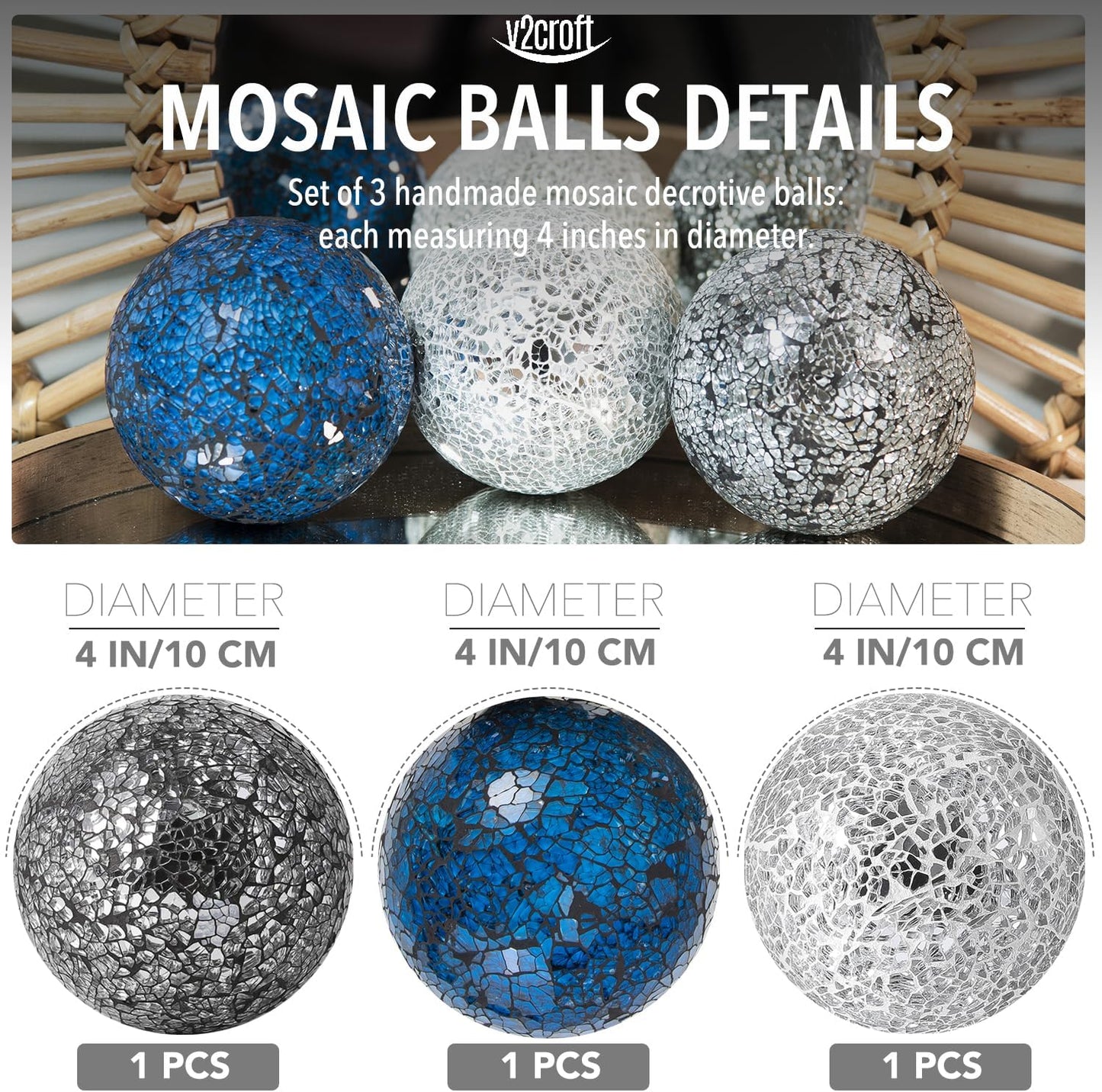 4in Decorative Mosaic Sphere Orbs Set of 3, Glass Balls for Whole Housewares,Wedding/Birthday,Bowls,Vases Dining Table Centerpieces(Silver,Black,Blue)