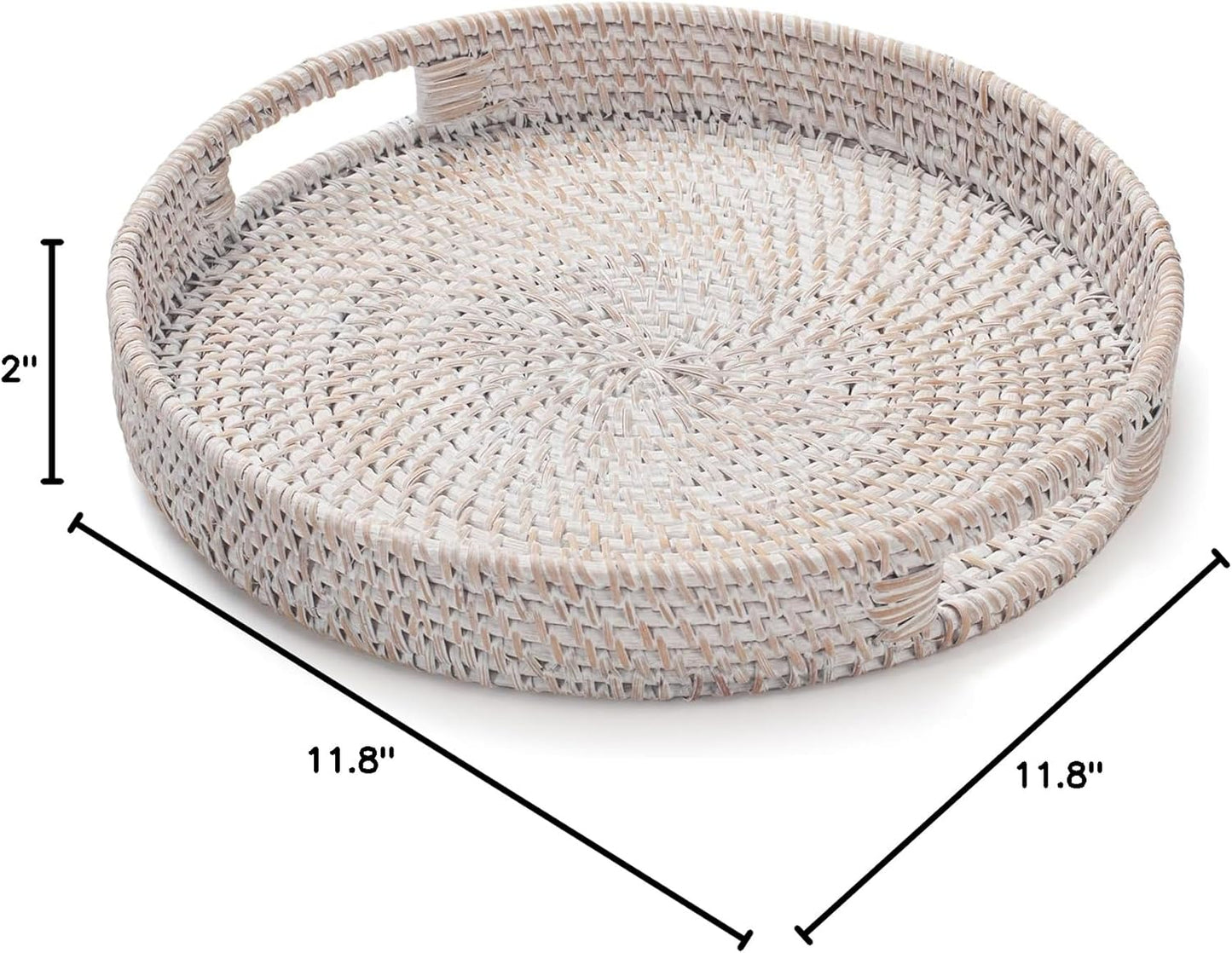13.8 inch Round Rattan Tray, Decorative Coffee Table Tray, Ottoman Tray, Woven Serving Tray with Handles, Wicker Serving Basket, Whitewash