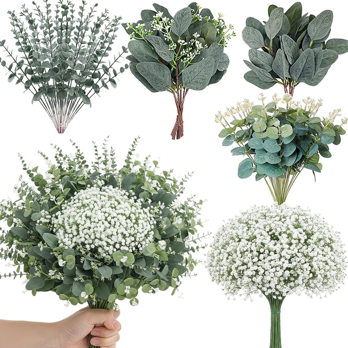 120 Pcs 6 Kinds Mixed Eucalyptus Leaves Stems Bulk Artificial Silver Dollar Leaves Picks Dried Eucalyptus Bundle Faux Spray for Wedding Vase Bouquet Decor (Eucalyptus Leaves Stems-120)