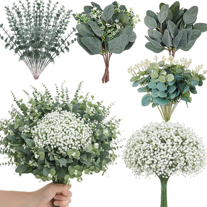120 Pcs 6 Kinds Mixed Eucalyptus Leaves Stems Bulk Artificial Silver Dollar Leaves Picks Dried Eucalyptus Bundle Faux Spray for Wedding Vase Bouquet Decor (Eucalyptus Leaves Stems-120)