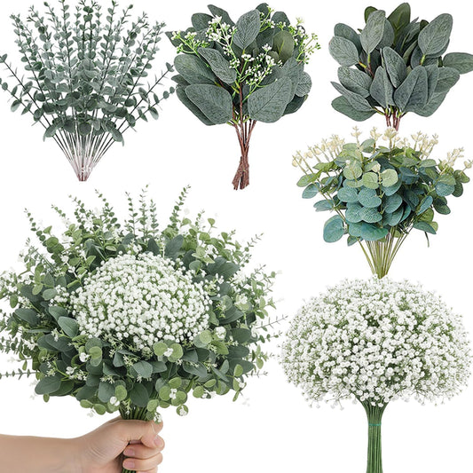 120 Pcs 6 Kinds Mixed Eucalyptus Leaves Stems Bulk Artificial Silver Dollar Leaves Picks Dried Eucalyptus Bundle Faux Spray for Wedding Vase Bouquet Decor (Eucalyptus Leaves Stems-120)