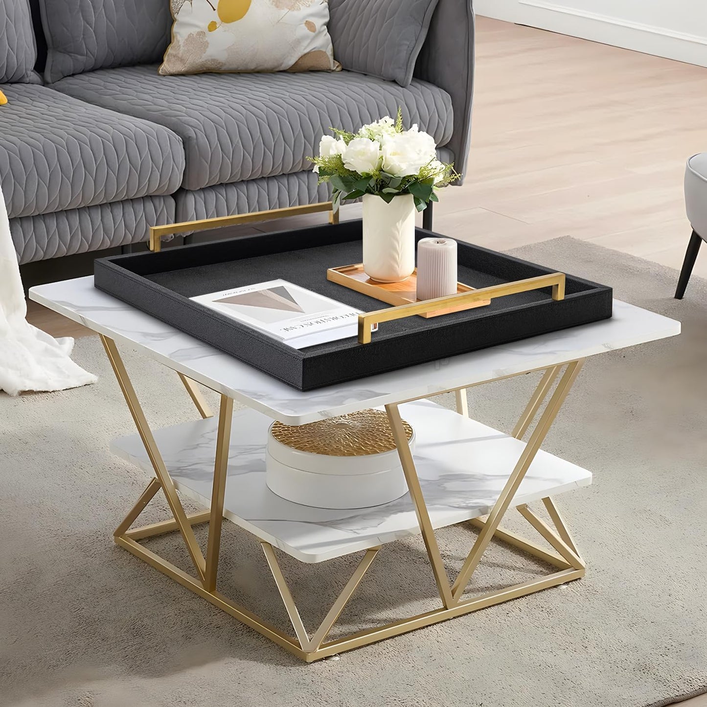 XIGEXIGE Ivory Shagreen Decorative Tray Large Rectangle Coffee Table Tray for Ottoman Faux Leather Serving Tray with Brushed Gold Handles