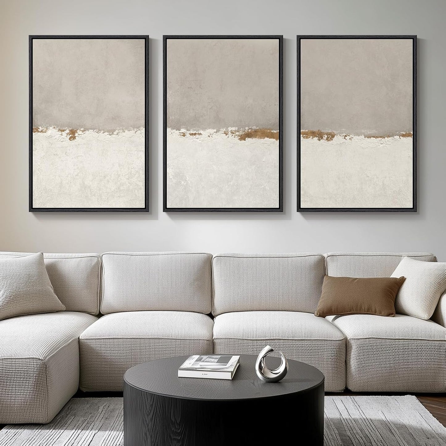 Large Framed Neutral Abstract Wall Art for Living Room, 3 Piece Modern Canvas Prints Paintings Artwork for Walls, Black and Beige Pictures for Living Room Hallway Stair Office Wall Decor 24x36 Inch