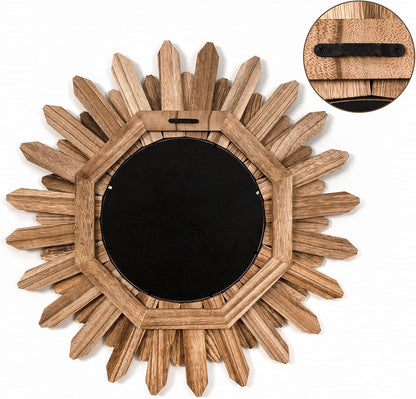 Honiway Wall Mirror Decorative 12 inch Rustic Wood Mirror Sunburst Boho Mirror for Entryway Bedroom Living Room Bathroom House Warming Gifts New Home Essential Carbonized Black
