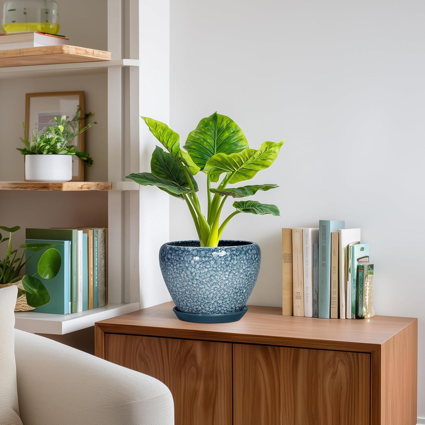 6 Inch Plant Pot - Ceramic Pots for Plants with Drainage Hole and Saucer, Round Succulent Planter Indoor Outdoor, Modern Flower Pot for Snake Plants, Home Decor, Gifts for Plant Lover, Blue