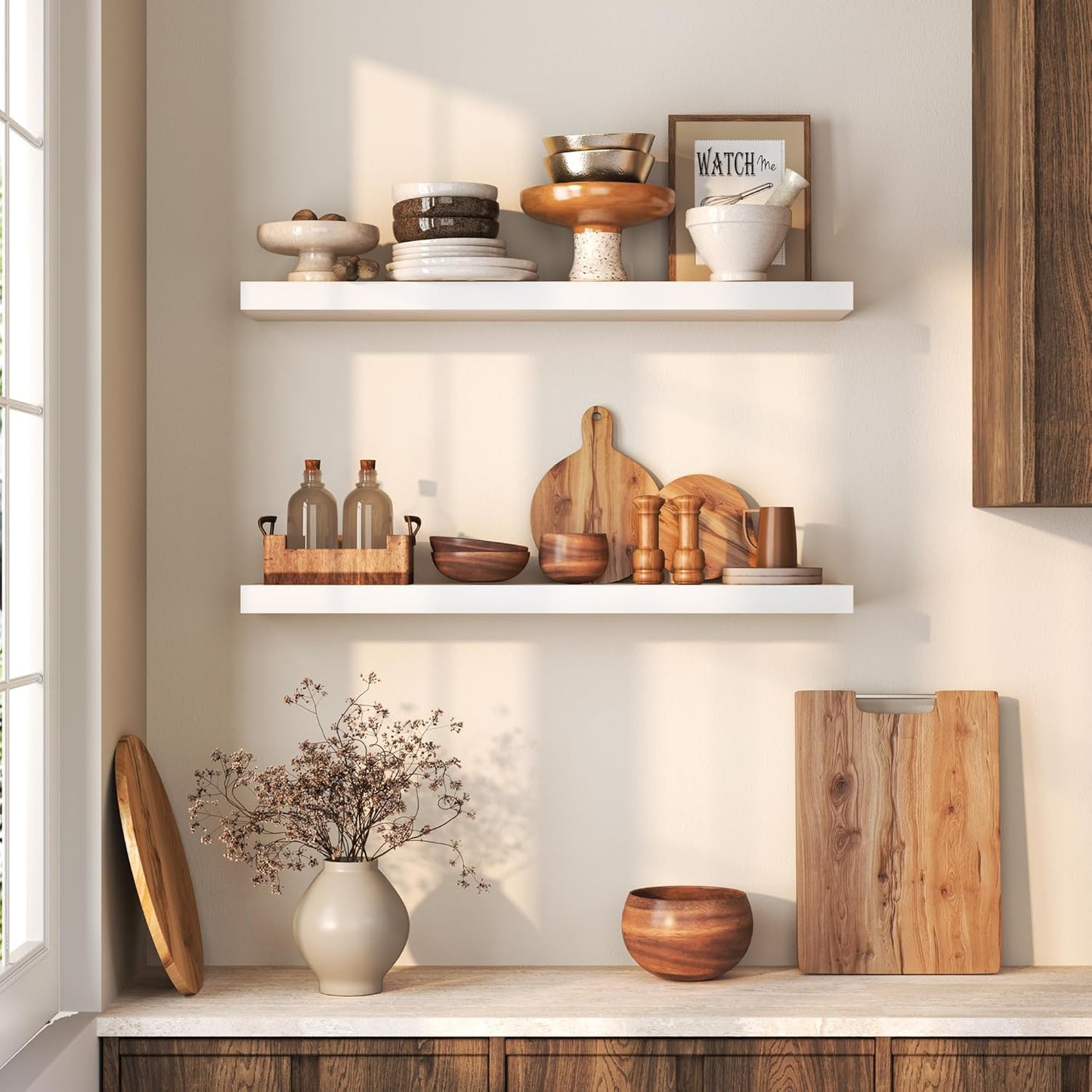 Floating Shelves 36 Inches Long - 8 Inch Deep Rustic Premium Solid Pine Wood for Storage - Farmhouse Wall Mounted for Living Room - Heavy-Duty Metal Bracket - 36" W x 8" D - Set of 2 - White Color