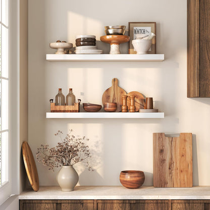 Floating Shelves 36 Inches Long - 8 Inch Deep Rustic Premium Solid Pine Wood for Storage - Farmhouse Wall Mounted for Living Room - Heavy-Duty Metal Bracket - 36" W x 8" D - Set of 2 - White Color
