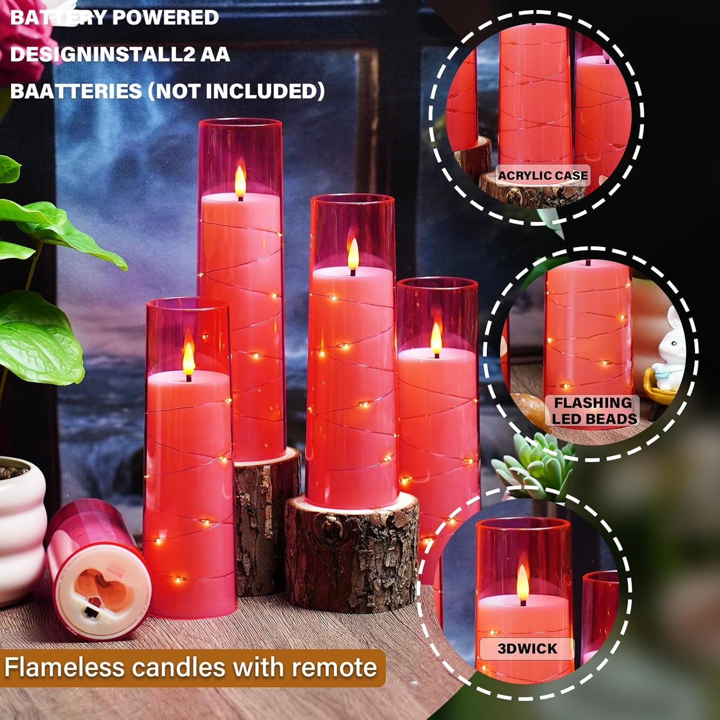 Nimiko Flickering Flameless LED Candles, 9 Pcs with Embedded Star String, Acrylic LED Pillar Candles with Remote, Suitable for Home Decoration (White)