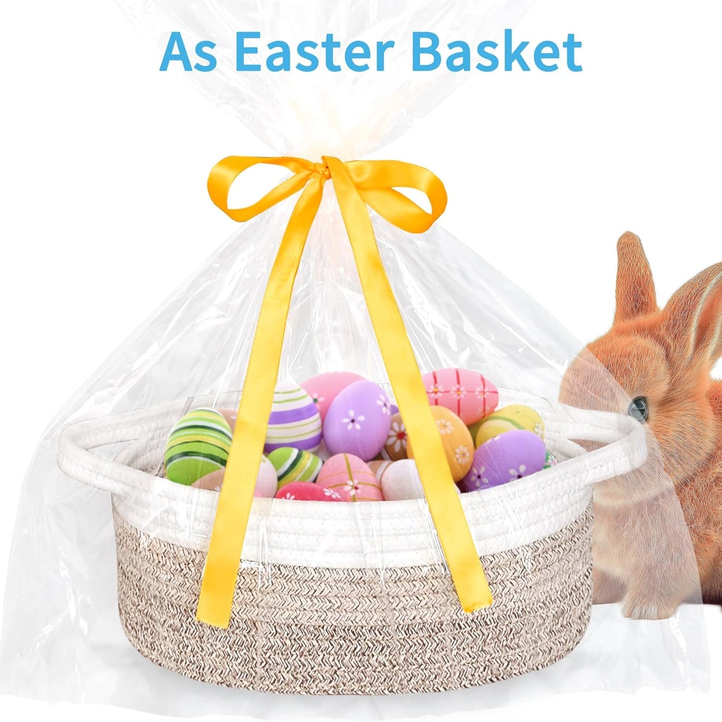 ABenkle Small Basket with Handles, Boho Decorative Rope Woven Dog Cat Toy Storage Bin Shelf Storage Organizer, Easter Christmas Gift Basket, 12"x8"x5", White