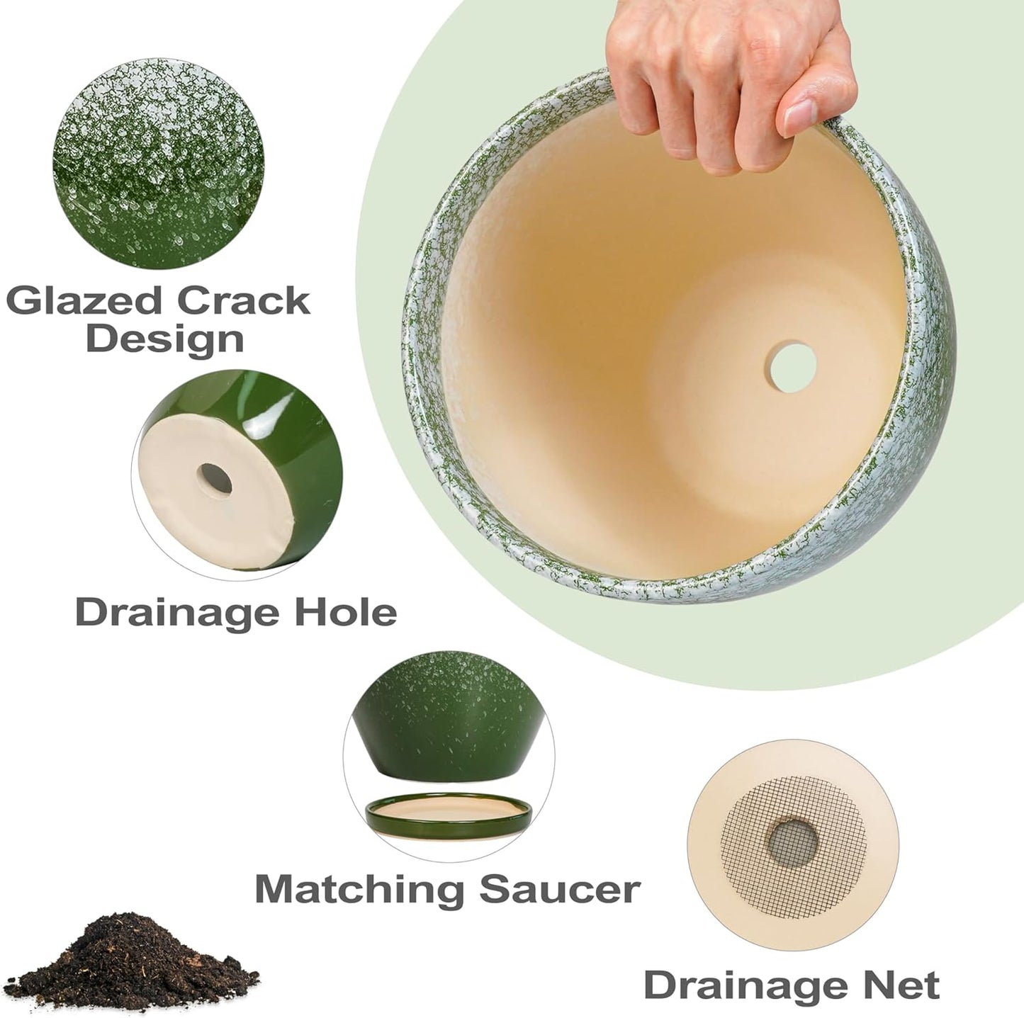 10 Inch Ceramic Planter Pot Round Plant Pot for Indoor Plants Outdoor Large Flower Pot with Drainage Hole and Saucer Blue
