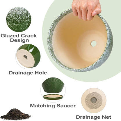 10 Inch Ceramic Planter Pot Round Plant Pot for Indoor Plants Outdoor Large Flower Pot with Drainage Hole and Saucer Blue
