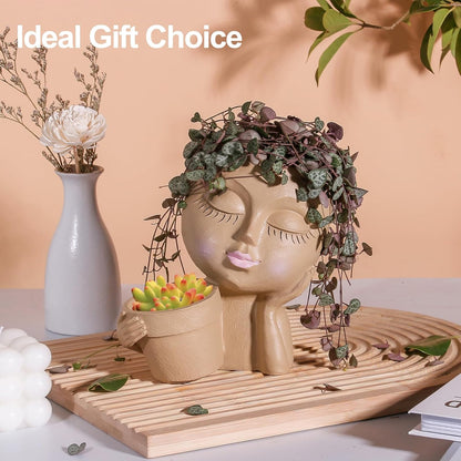 vomiceak Face Planter Pots Head, Planters for Indoor Plants - Double Cute Plant Pots for Flower & Succulent with Drainage Holes - Gift Ideas for Women (White Lady)