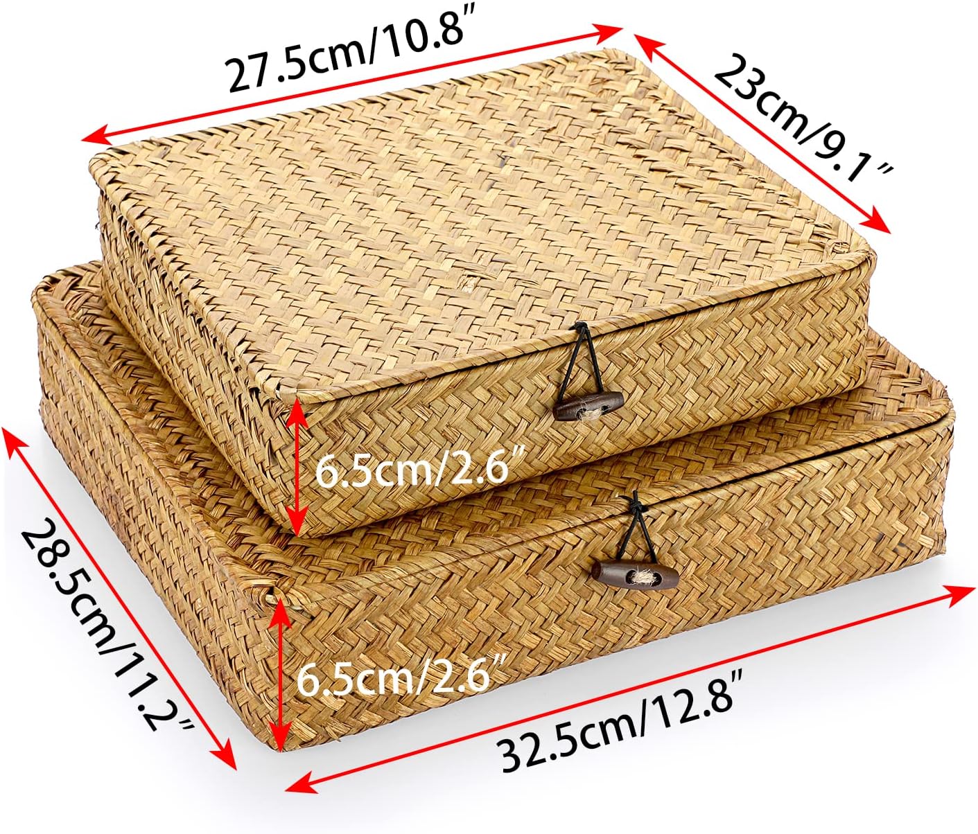 Hipiwe Set of 2 Flat Woven Wicker Storage Bins with Lid Natural Seagrass Basket Multipurpose Home Boxes for Shelf Organizer (Coffee)