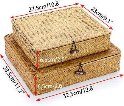 Hipiwe Set of 2 Flat Woven Wicker Storage Bins with Lid Natural Seagrass Basket Multipurpose Home Boxes for Shelf Organizer (Coffee)