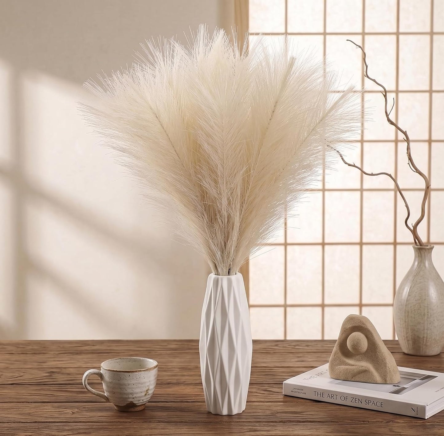 Pampas Grass Decor 21.7 Inch 30pcs, Faux Pampas Grass White Beige Brown Ultra Fluffy No Shedding for Boho Home Bedroom Wedding Vase Filler Dried Flower Arrangement