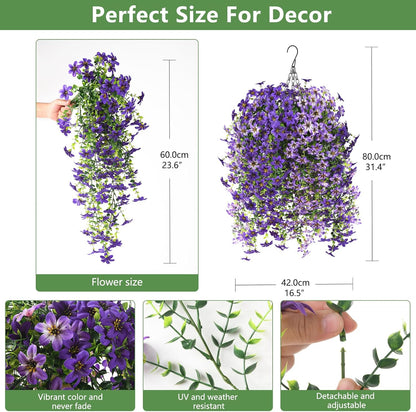 INQCMY Artificial Fake Hanging Plants Flowers Basket for Spring Summer Outdoor Outside Porch Decoration,UV Resistant Faux Silk Violet in Planter for Home Patio Balcony Garden Yard Decor(Red)