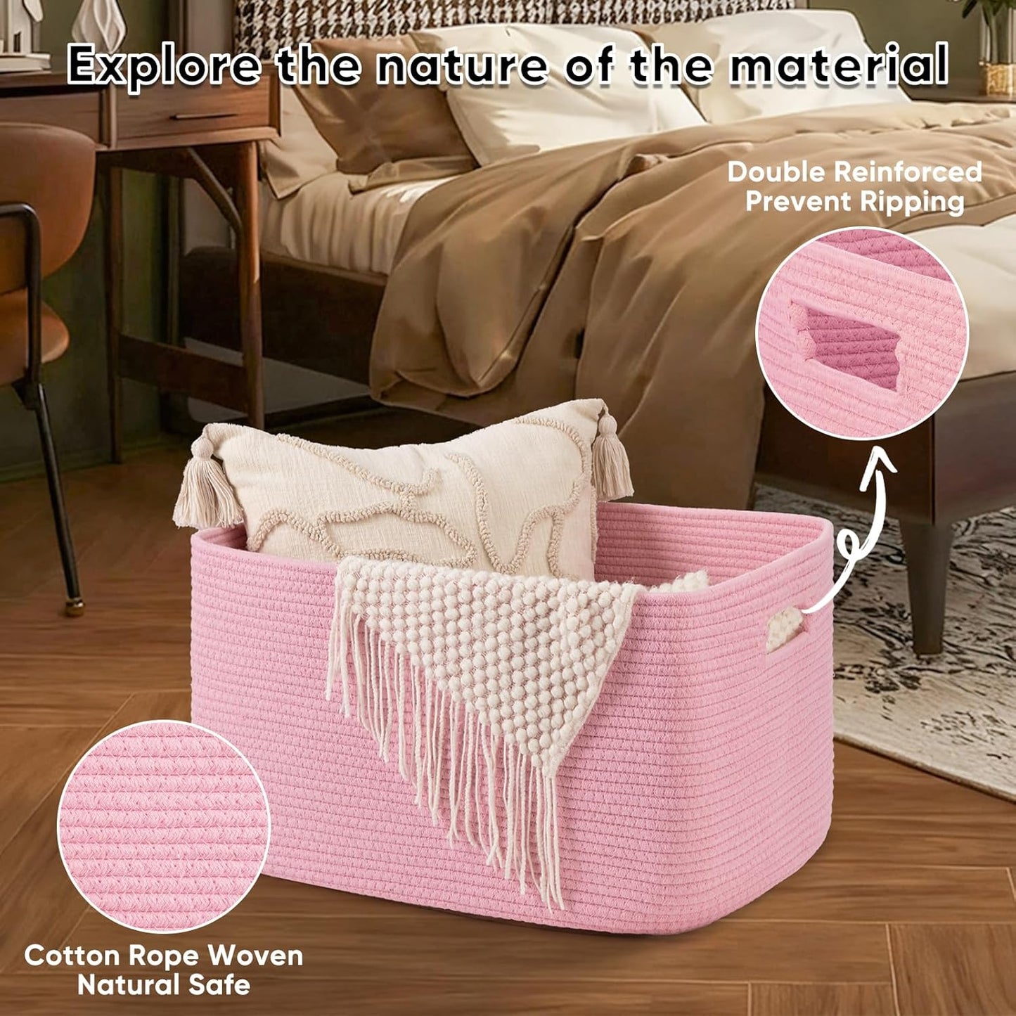 OIAHOMY 75L Large Woven Cotton Rope Storage Basket with Handle for Organizing Blanket and Toys for Living Room, Nursery, Brown Variegated 22”x17”x12”