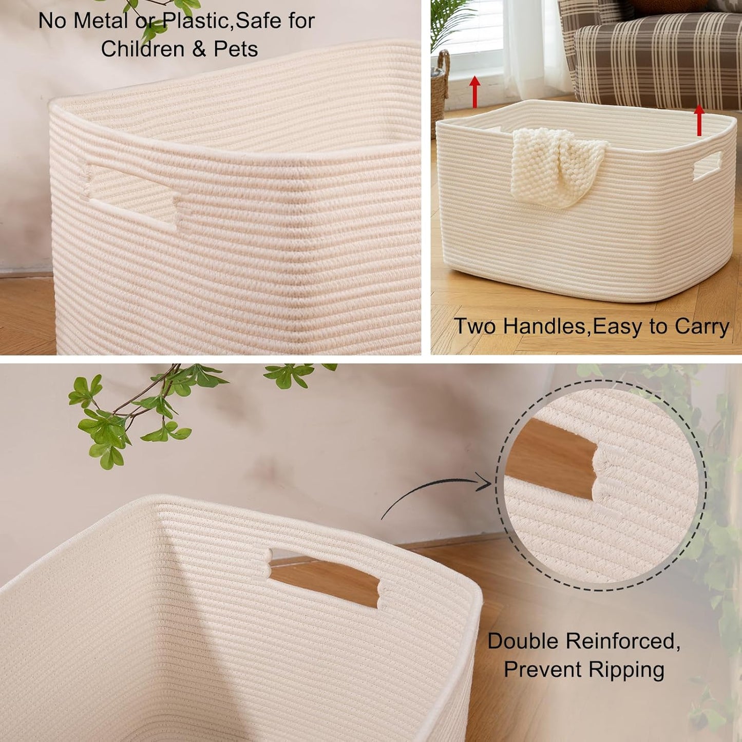 OIAHOMY 75L Large Woven Cotton Rope Storage Basket with Handle for Organizing Blanket and Toys for Living Room, Nursery, Brown Variegated 22”x17”x12”