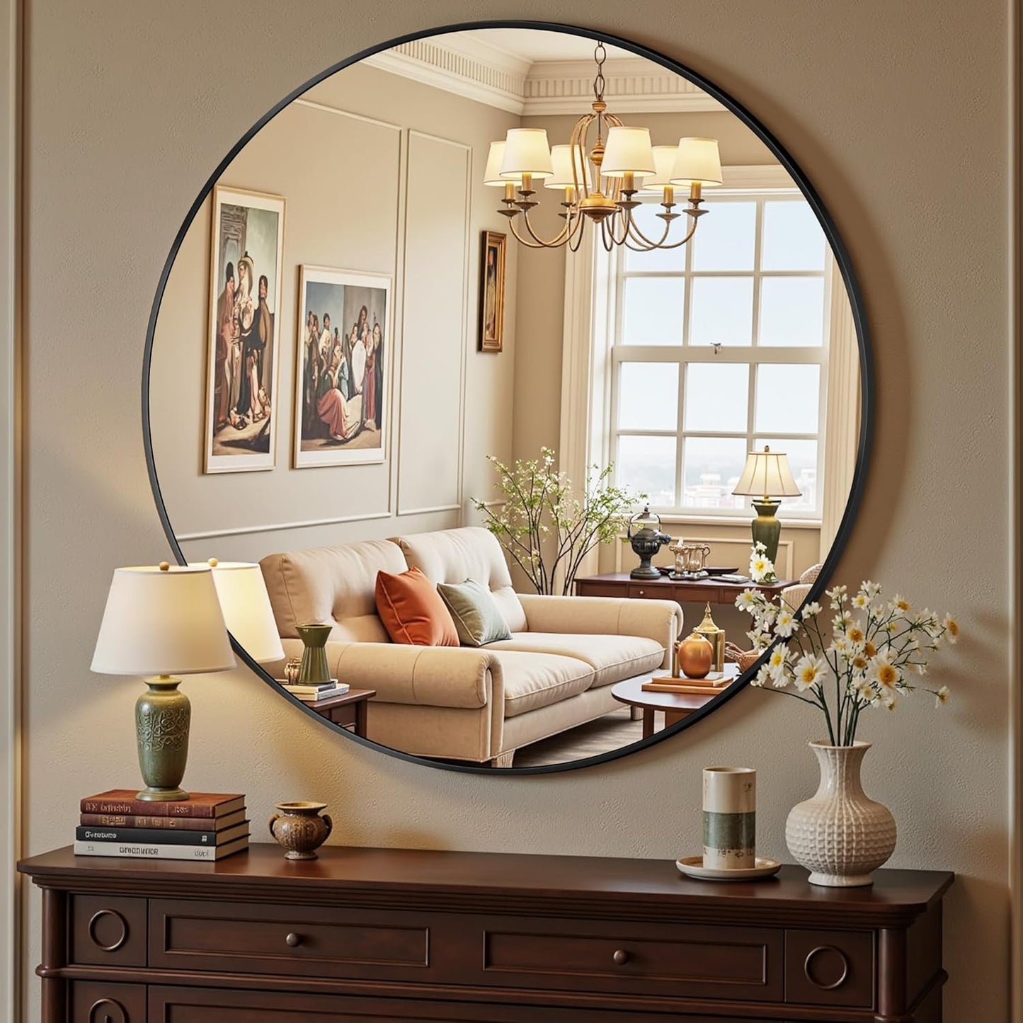 Antok 30 Inch Round Mirror for Wall, Round Bathroom Mirror, Circle Wall Mirrors with Black Metal Frame, Circle Mirrors Suitable for Wall, Bathroom, Vanity, Living Room, Entryway