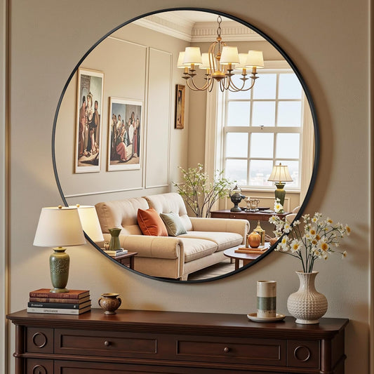 Antok 30 Inch Round Mirror for Wall, Round Bathroom Mirror, Circle Wall Mirrors with Black Metal Frame, Circle Mirrors Suitable for Wall, Bathroom, Vanity, Living Room, Entryway