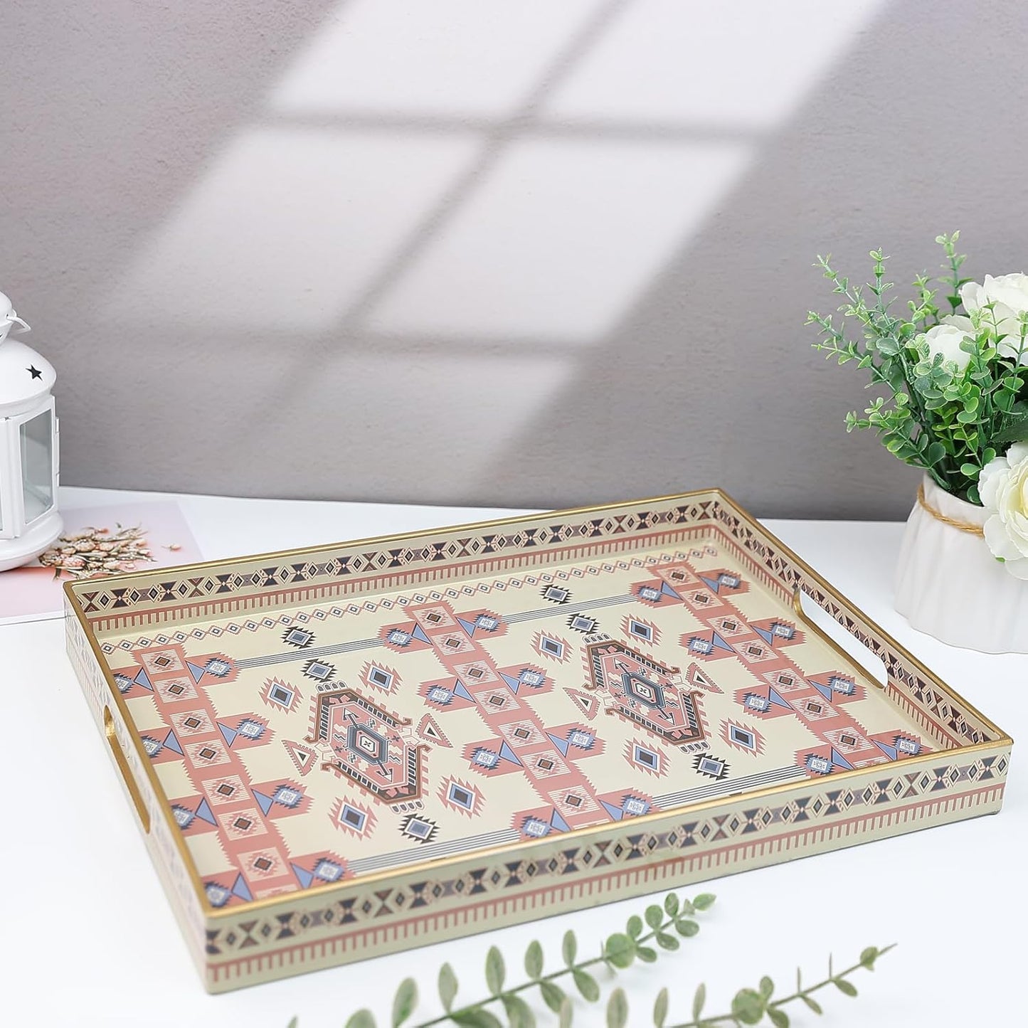 Spsyrine Serving Tray with Handles, Plastic Decorative Tray for Coffee Table, Living Room, Home Decor, Dianthus