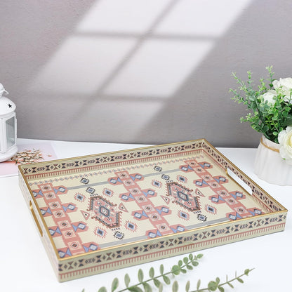 Spsyrine Serving Tray with Handles, Plastic Decorative Tray for Coffee Table, Living Room, Home Decor, Dianthus