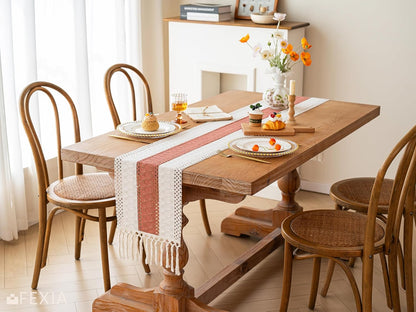 FEXIA Boho Table Runner for Thanksgiving Fall Christmas Home Decor with Tassels 72 Inches Long Pottery barn Furniture Farmhouse Rustic Macrame Burlap Table Decoration for Living Room (12x72 Inches)