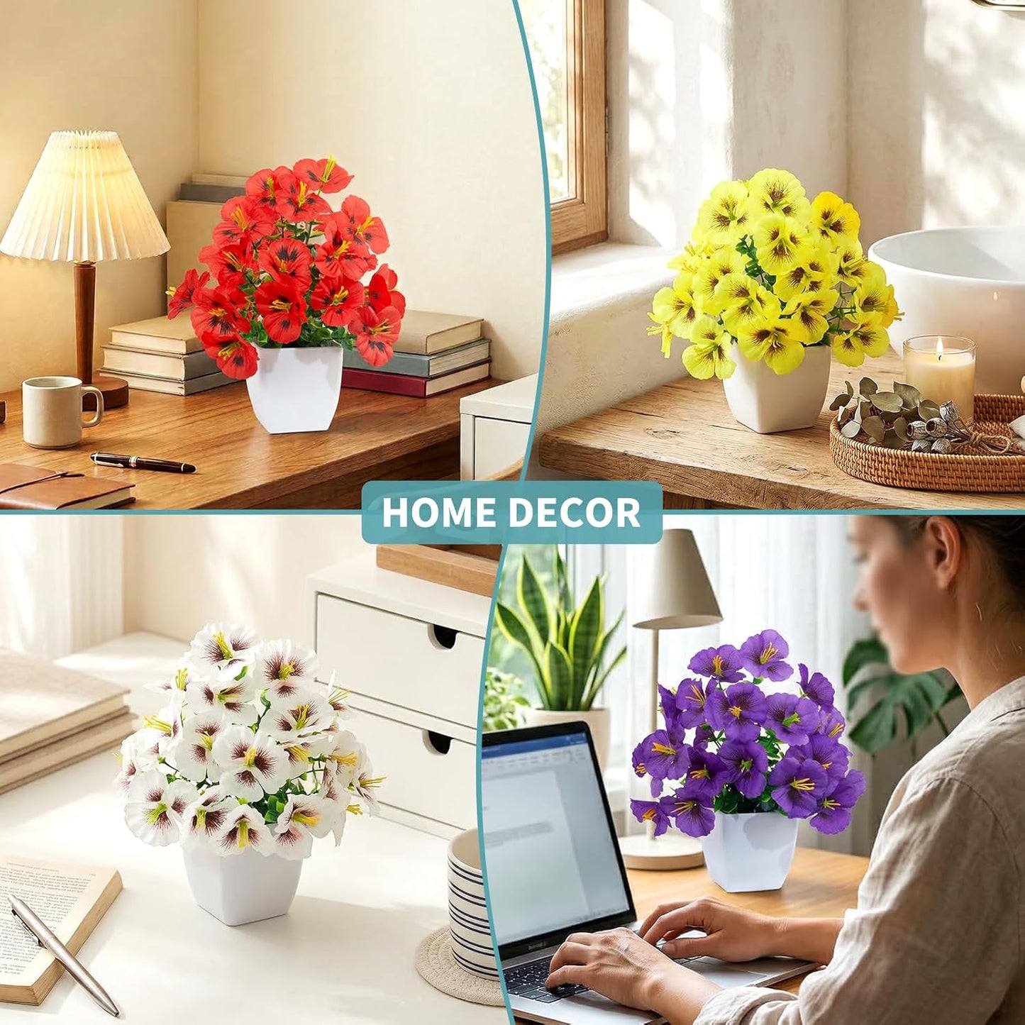 LOYWREE 4 Pack Small Artificial Mums Flowers in White Pots, Fake Mini Potted Plants, Spring Floral Decor for Home Bathroom Shelves Office Desk Table Centerpiece Indoor Decoration
