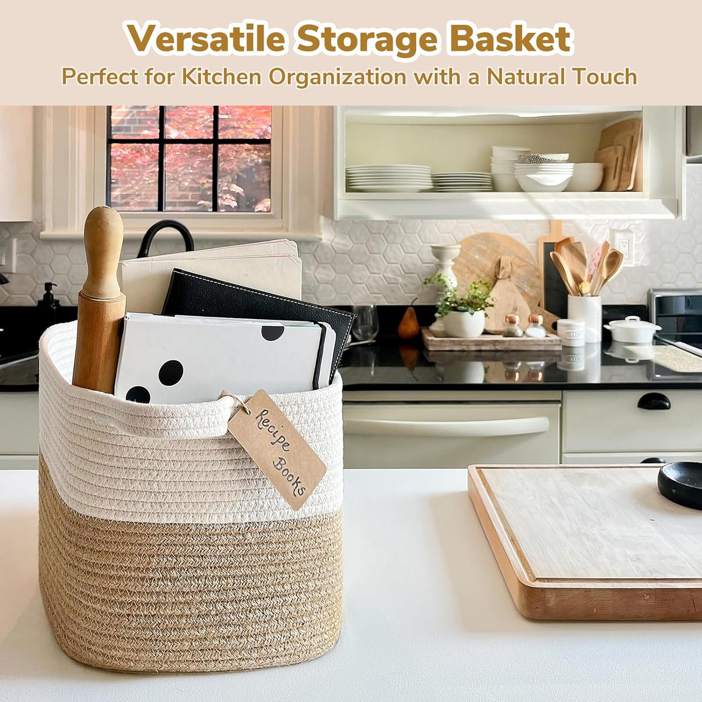 Goodpick Woven Storage Basket, Cotton Rope Basket for Dog Toys, Books, Stylish Gift Basket with Handles, 13 x 10 x 9 Inches Square Baskets for Organizing, Brown and White