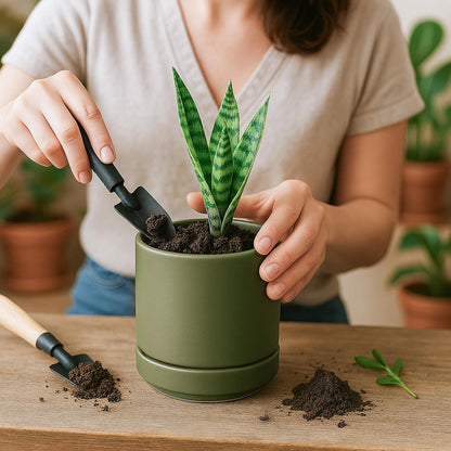 D'vine Dev 6.5 Inch Ceramic Planter Pot with Drainage Hole and Saucer, Indoor Cylinder Round Planter Pot, Olive, 94-O-C-J