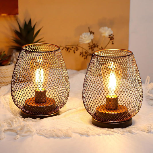 JHY DESIGN Set of 2 Metal Cage LED Lantern Battery Powered Cordless Accent Light with LED Great for Weddings Parties Patio Events for Indoors Outdoors