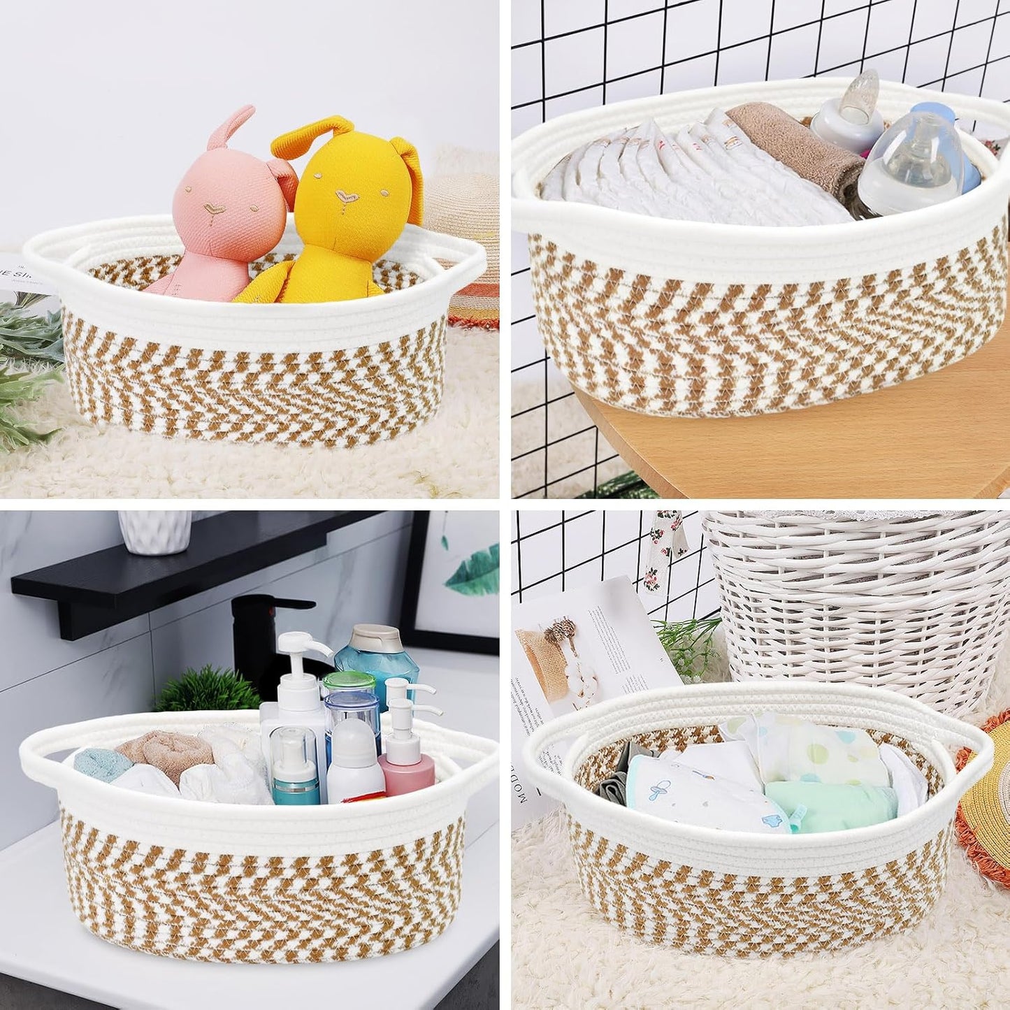 ABenkle Small Basket with Handles, Boho Decorative Rope Woven Dog Cat Toy Storage Bin Shelf Storage Organizer, Easter Christmas Gift Basket, 12"x8"x5", White