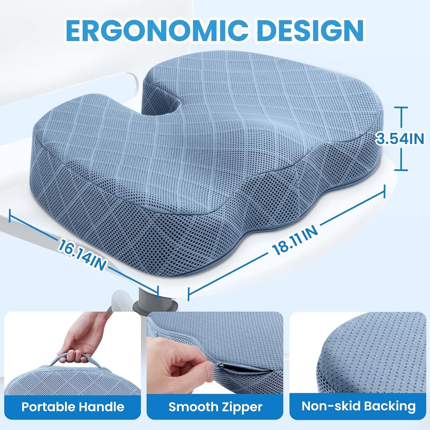 TushGuard Seat Cushion - Memory Foam Cushion for Office Chair, Car Seat, Airplane, Bleacher - Sciatica & Hip & Coccyx Pain Relief Desk Chair Cushion for Long Sitting Office Workers, Car Drivers