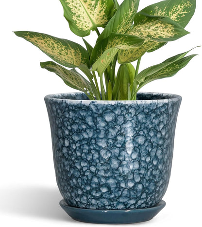 Ceramic Plant Pots - 12 Inch Pots for Plants Indoor Outdoor, Large Round Planter with Drainage Hole and Saucer, Modern Decorative Flower Pot, Home Garden Decor, House Warming Gifts, Blue