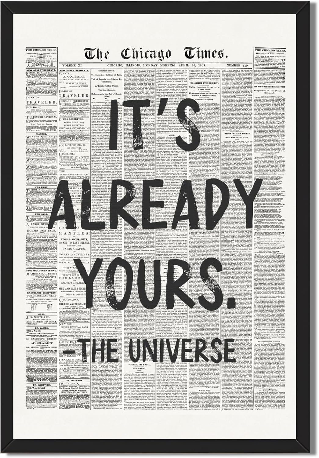 Framed Black And White Retro Newspaper Wall Art ItS Already Yours Universe Quote Poster Trendy Positive Inspirational Wall Decor for Bedroom Office Apartment Dorm Affirmation Canvas Print 8x12inch