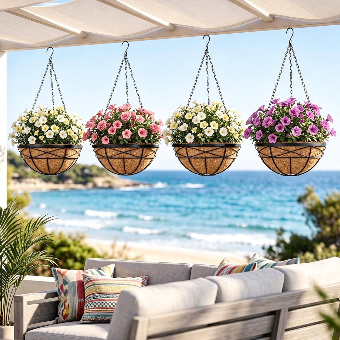 4 Pack 12 Inch Hanging Planters for Outdoor Plants Metal Watering Flower Baskets with Coco Liner for Outside Panting Plant Holder Pot for Home Garden Porch Balcony Railings Decor