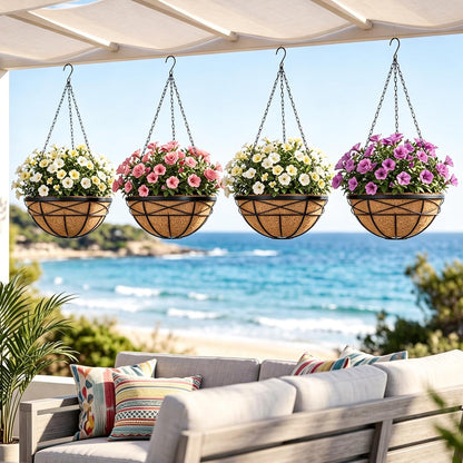 4 Pack 12 Inch Hanging Planters for Outdoor Plants Metal Watering Flower Baskets with Coco Liner for Outside Panting Plant Holder Pot for Home Garden Porch Balcony Railings Decor