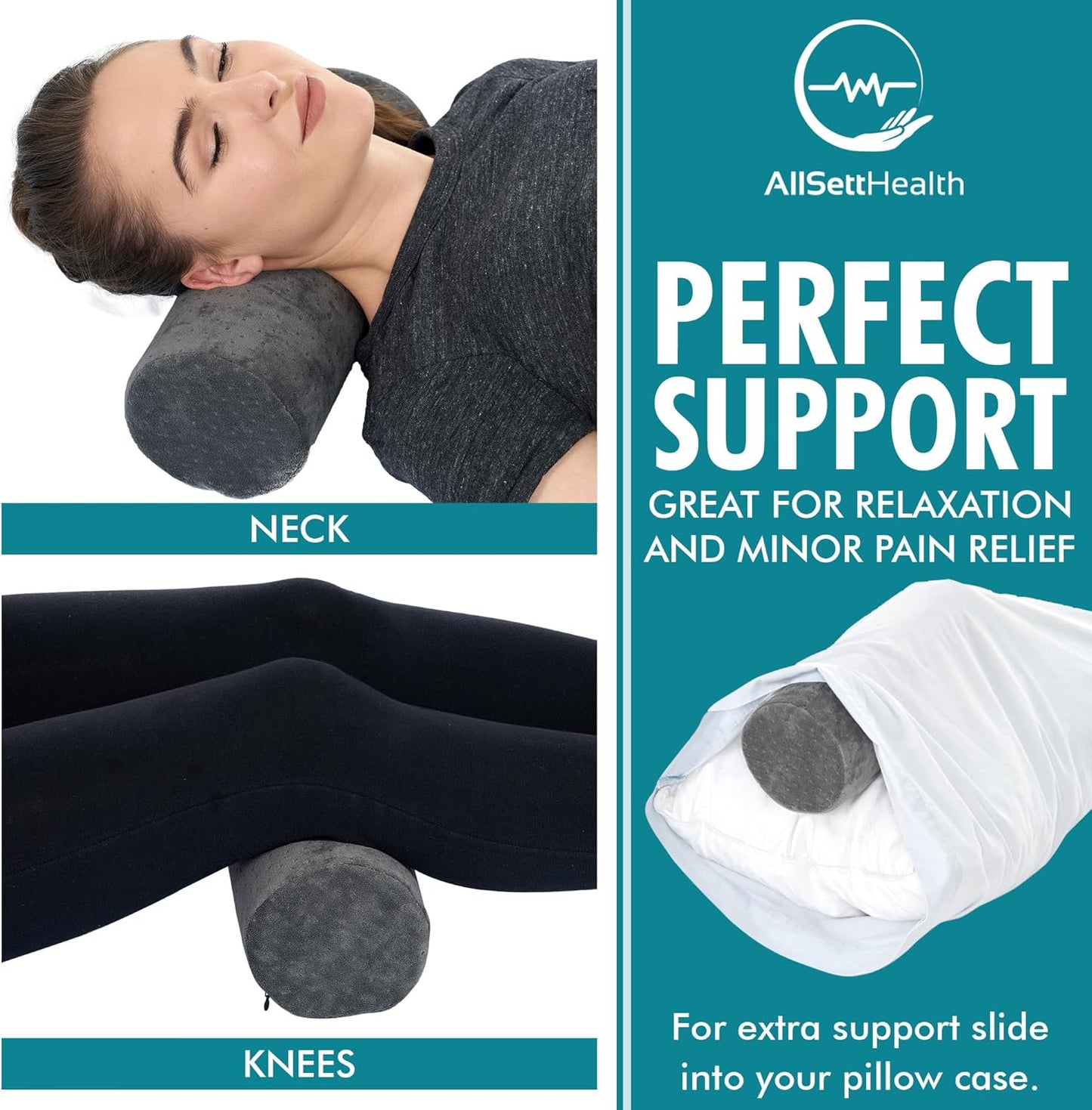 AllSett Health Round Cervical Roll Cylinder Bolster Pillow with Removable Washable Cover, Ergonomically Designed for Head, Neck, Back, and Legs || Ideal for Spine and Neck Support, Navy