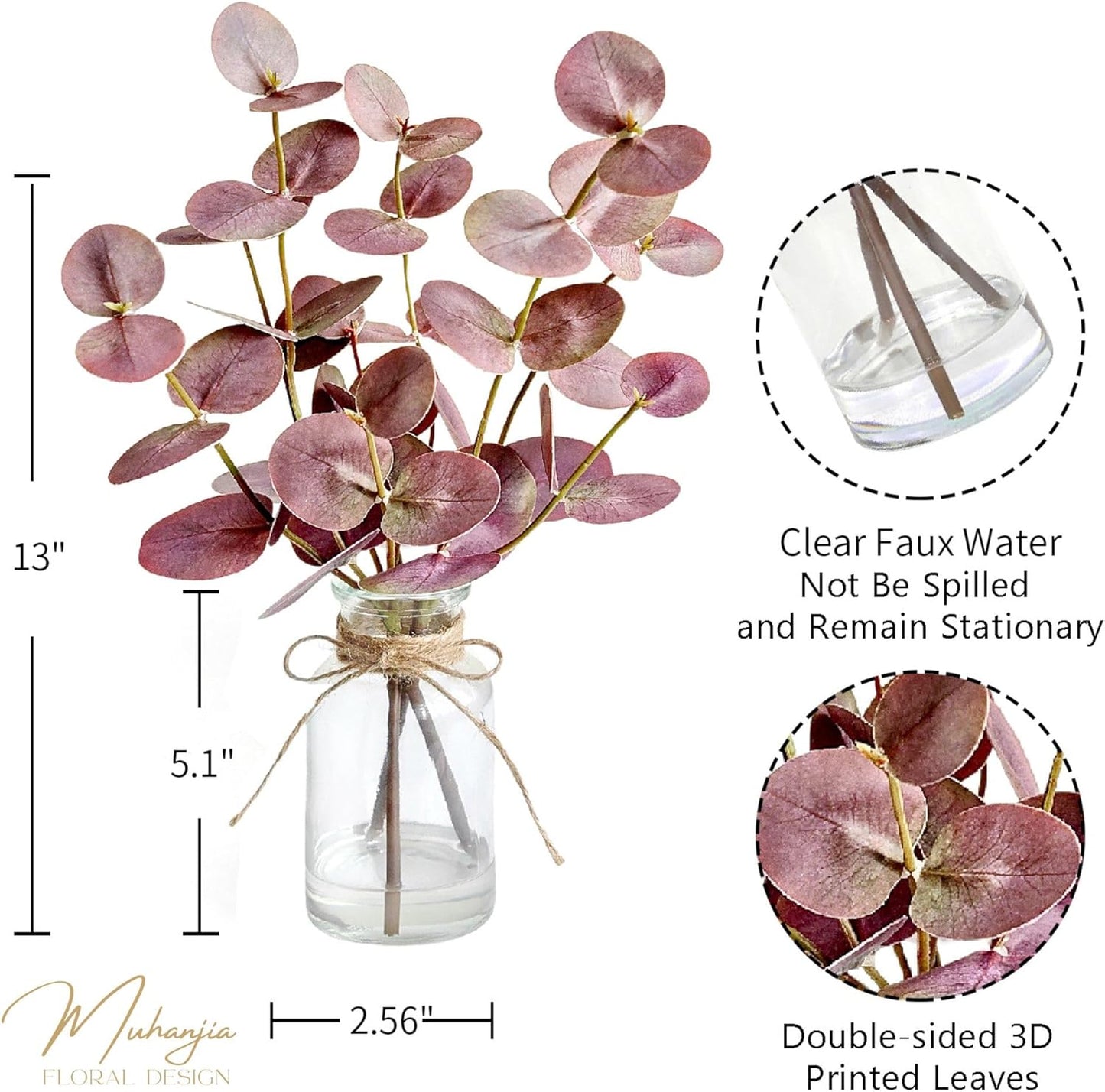 Muhanjia Artificial Eucalyptus Stems in Glass Vase with Faux Water,3Pcs Fake Plant with Double-Sided Green Leaves for Centerpiece(Double-Sided Green Eucalyptus)