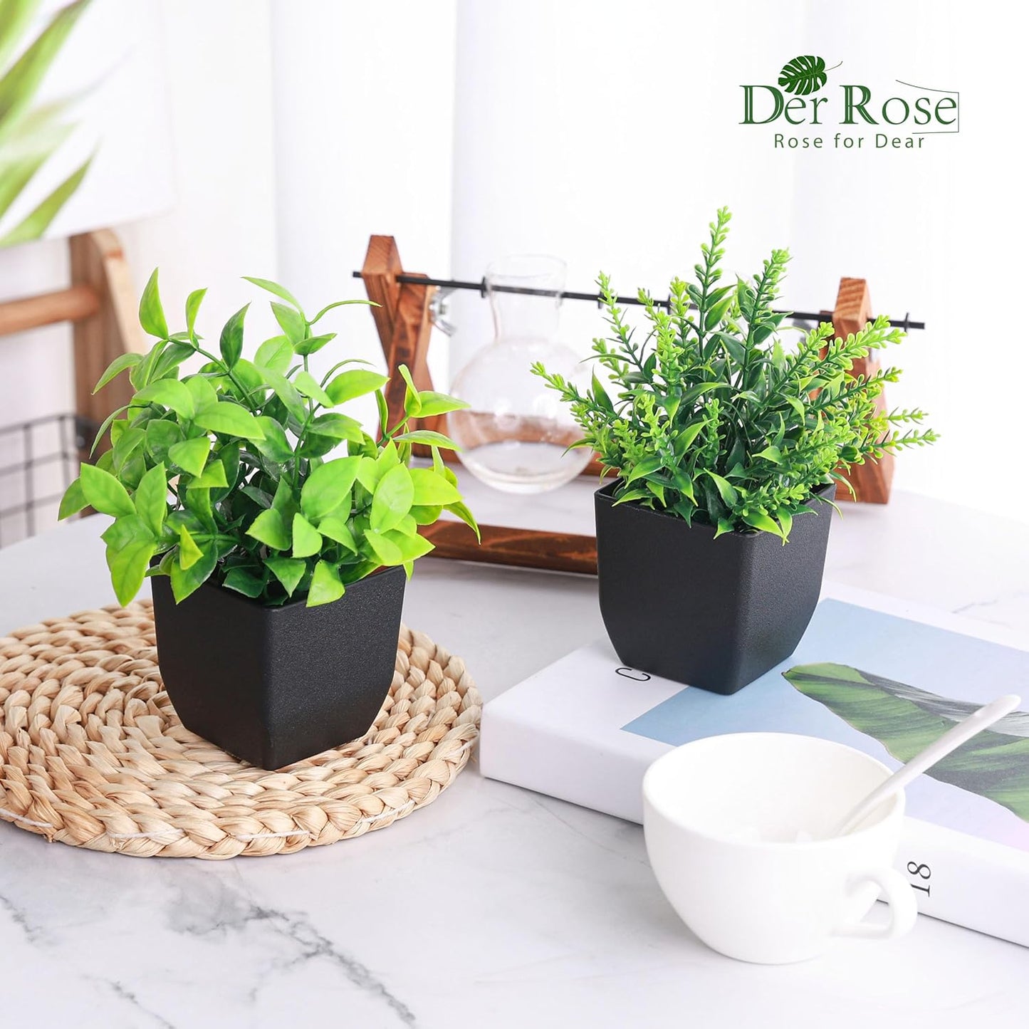 Der Rose 2 Pack Fake Plants Small Faux Artificial Small Potted Plants Indoor for Room Home Office Farmhouse Bathroom Decor