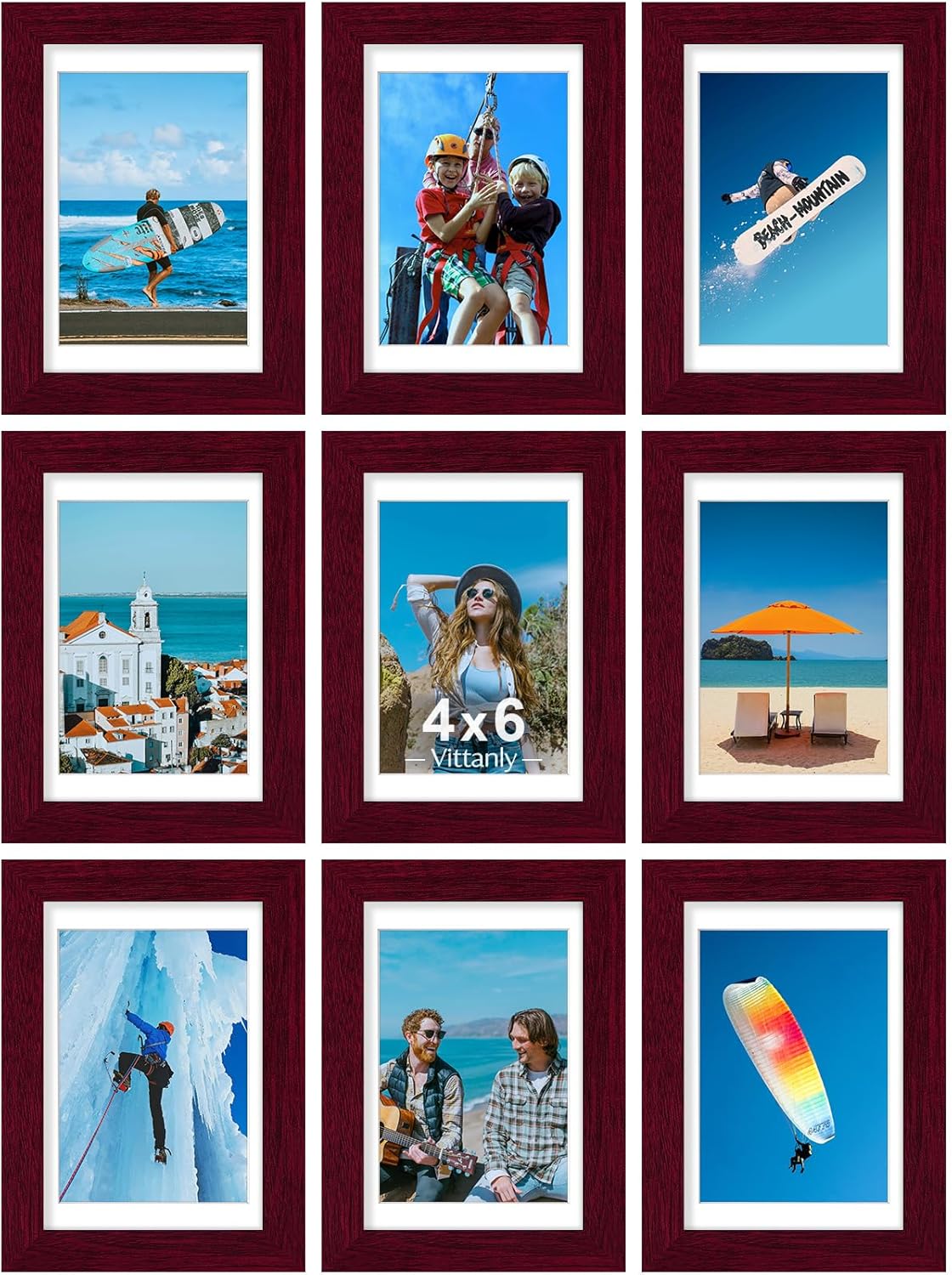 Vittanly 8x10 Picture Frames Set of 9, Shatter Resistant Plexiglass, Display 5x7 Pictures with Mat or 8x10 without Mat, Photo Frames for Wall or Tabletop, Engineered Wood, Black - Colors B