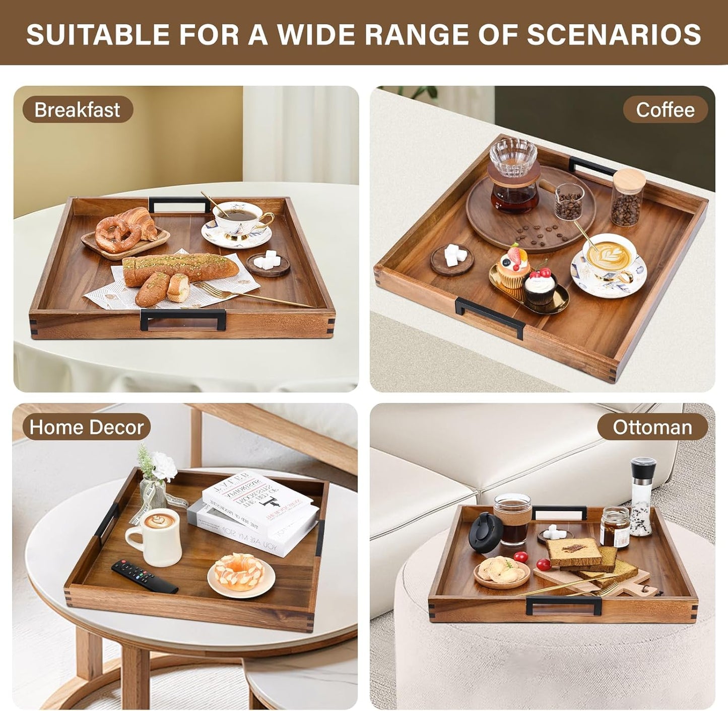Large Square Ottoman Tray for Living Room and Coffee Table, Decorative Acacia Wood Serving Tray with Metal Handles for Breakfast in Bed, Dinner Food Kitchen TV (Natural, 20" x 20" x 2")
