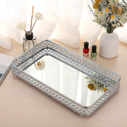 ELLDOO Perfume & Makeup Vanity Tray - Hollow-Carved Jewelry Storage, Glass & Metal Trinket Organizer for Dresser & Bathroom Countertop, Gold, Medium Size