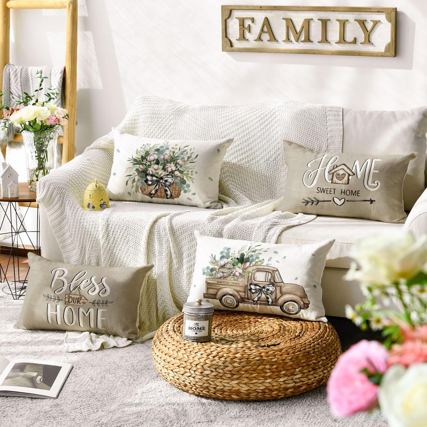 AVOIN colorlife Bless Our Home Farmhouse Eucalyptus Leaves Throw Pillow Covers, 18 x 18 Inch Truck Home Sweet Home Cushion Case Decorations Set of 4