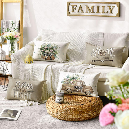AVOIN colorlife Bless Our Home Farmhouse Eucalyptus Leaves Throw Pillow Covers, 18 x 18 Inch Truck Home Sweet Home Cushion Case Decorations Set of 4