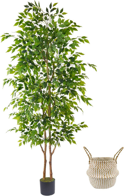 Warmplants Artificial Ficus Tree, 7ft Silk Fake Ficus Leaves Plant with Basket, Indoor Outdoor Faux Green Tree for Home Garden Office House Livingroom Décor