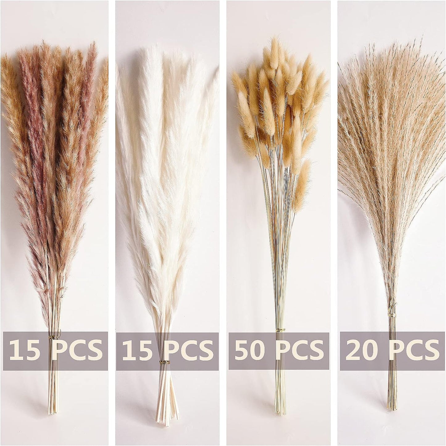 100 PCS Small Boho Pampas Grass, 17" Naturally Dried Pompas, Pampas Grass Decor for Wedding , Boho Party Decorations, Table Decor（Brown and White）