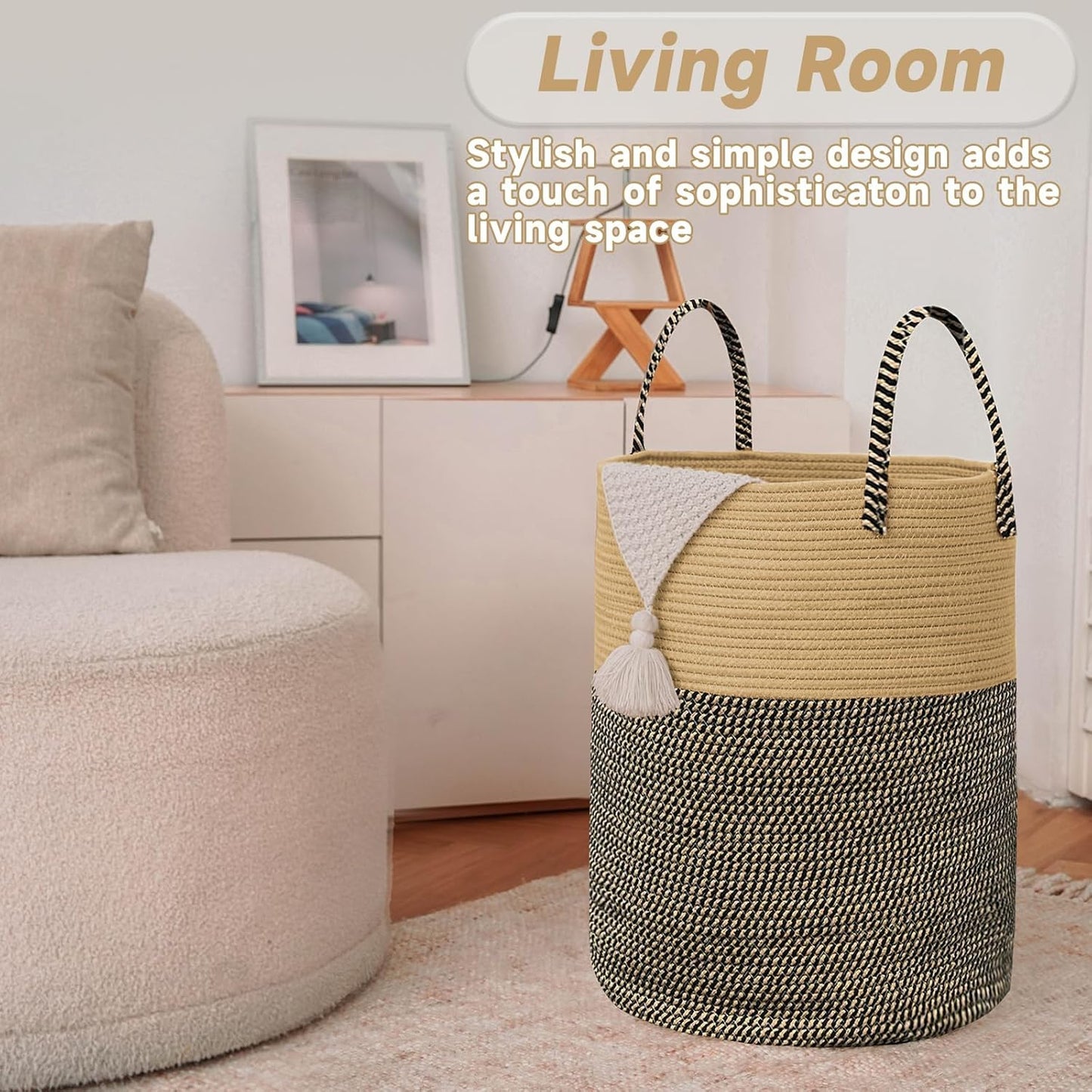 JMvicyroam Large Woven Laundry Basket Hamper,60L Cotton Rope Storage Bin for Blankets,Toys and Clothes,Decorative Tall Nursery Hamper for Living Room,Baby Nursery,Bathroom and Bedroom,Brown